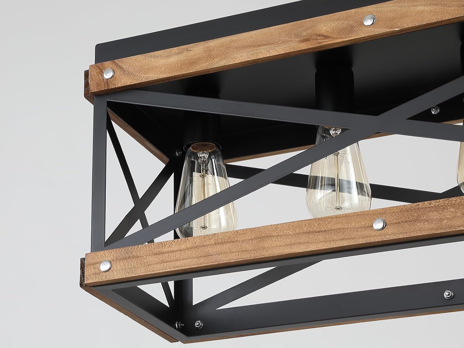 Rustic Farmhouse Plug in Kitchen Island Lighting, 4 Lights Rectangular Pendant Light Fixture with Adjustable Chain, Dimmable Switch, Oak Wood and Metal Linear Chandelier for Dining Room Home, Black