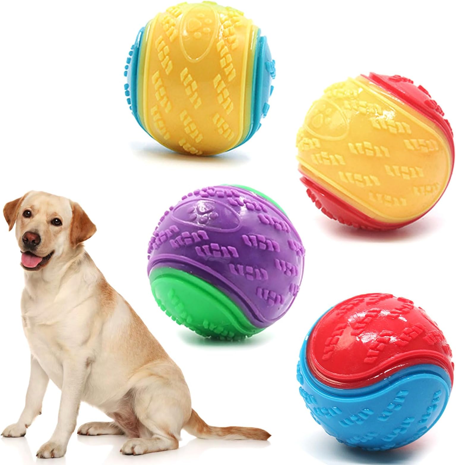 COEKI4Pcs Dog Ball Toys, Squeaky Dog Ball High Bounce Rubber Dog Balls Dog Chew Balls Toys Colorful Dog Interactive Ball Fetch Toys for Puppy Pet Training Ball Rubber Puppy Chew Toys Bouncy Ball