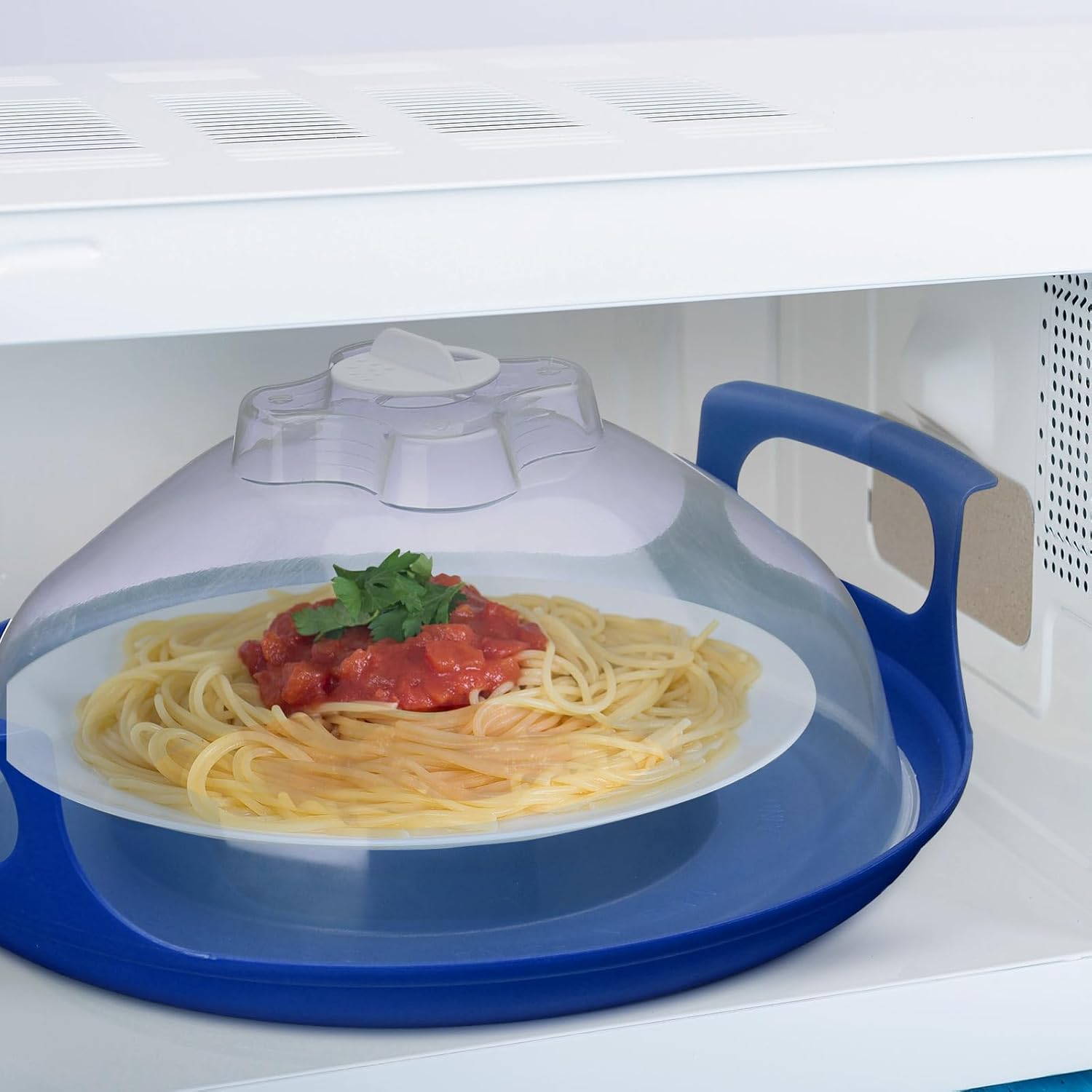 4 Pcs Microwave Cool Plate Anti Splash Caddy with Handles and Splatter Cover Plastic Carrying Tray for Dish Holder Microwave Meals Clear Lid Cover with Steam Vents(Blue)