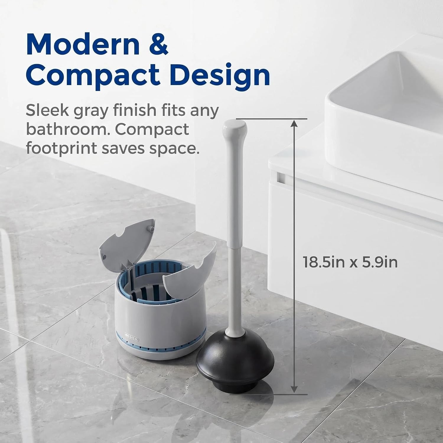 No Drip, No Smell – Miss Eir Heavy Duty Toilet Plunger with Holder, Two-Way Plunger for Toilet & Shower Drain, Ventilated Base & Split Cover, Double-Thick Rubber, Modern Gray Bathroom Plunger