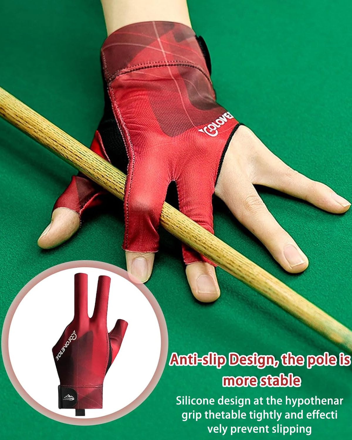 Guanto da biliardo sinistro antiscivolo 3 dita per tiro e allenamento Nero Rosso
