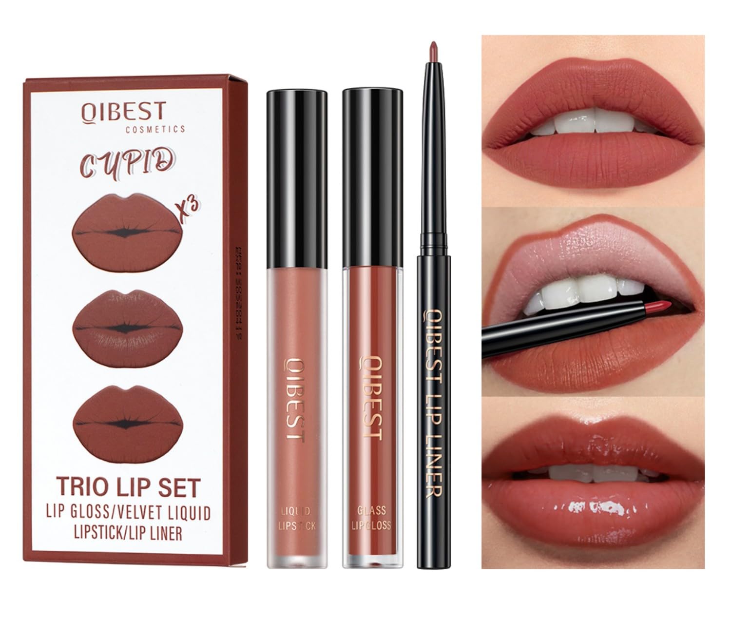 MAEPEOR All In One Lip Kit 3 In 1 Smooth Lipliner Lipgloss and Lipstick Set with Matte Velvet Liquid Lipstick Hydrating Moisturizing Lip Gloss and Creamy Lip Liner (Kit 02, Cupid)