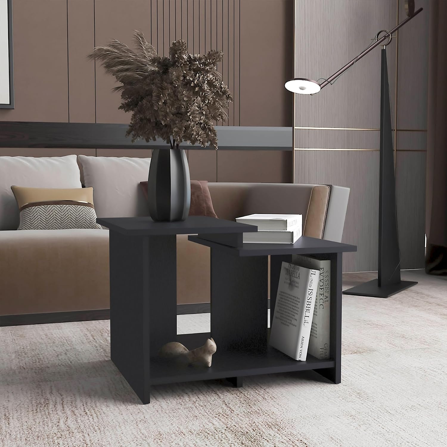 Coffee Table with Open Shelf, 23.6 Inch Modern End Table Sofa Side Table with Storage for Home Office (Oak)