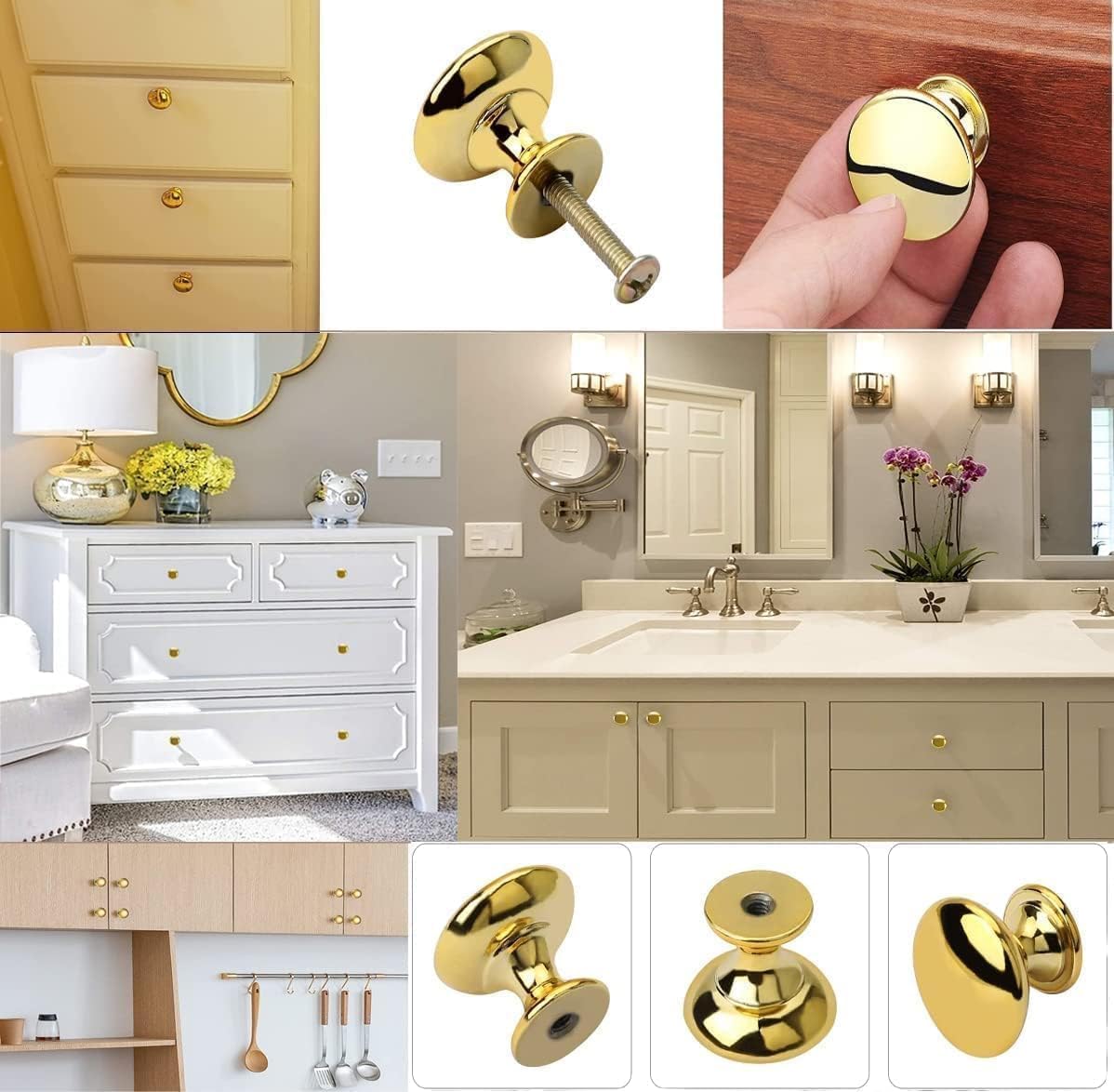 Gold Drawer Knobs Polished Chrome Cabinet Hardware Round Mushroom Gold Cabinet Knob Pull Handle 30mm/1.18" for Kitchen Cupboard Furniture Chest Door Dresser Bathroom (20pack)