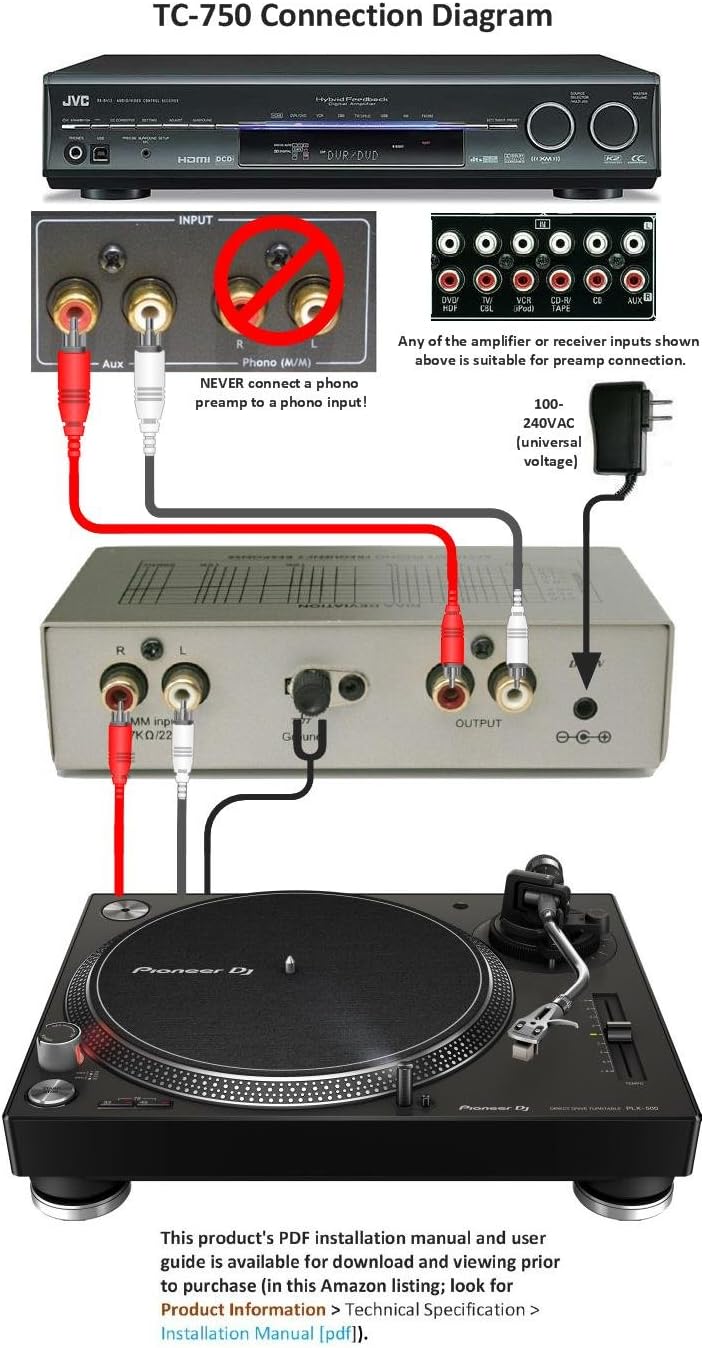 Technolink TC-750 Audiophile RIAA Phono Preamp, 85dB S/N, Black or Silver, Your Choice (Black w/ 1000mA Adaptor Upgrade)