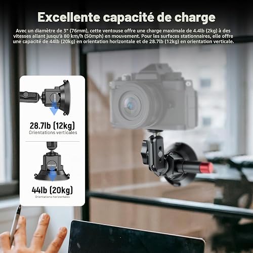 NEEWER Support Caméra Ventouse 3",Compatible avec Arri 1/4" Trous, Support de Voiture Quick Release+ de Téléphone, Adaptateur Action Cam Compatible avec iPhone GoPro DJI Insta360, CA104 - 3