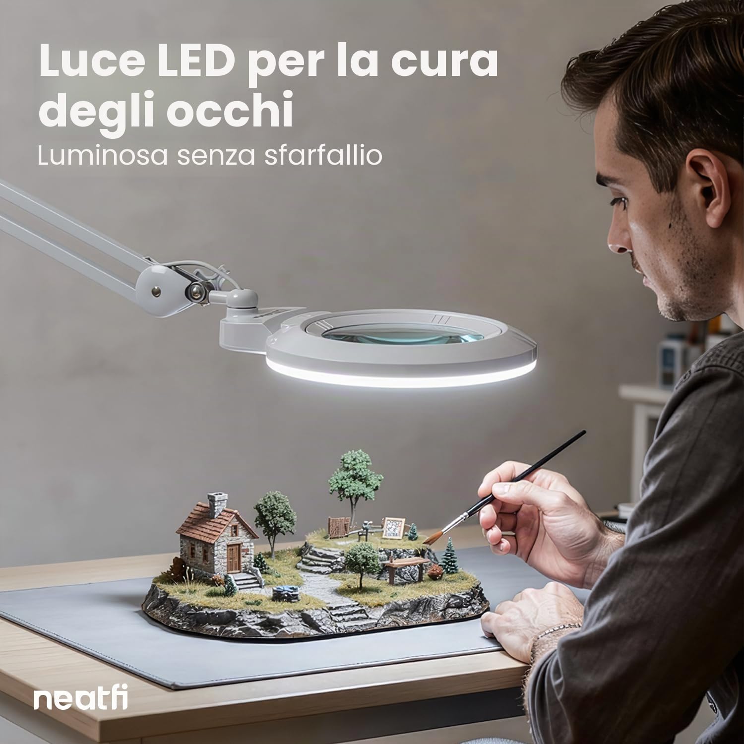 Neatfi XL bifocale Lampada d’ingrandimento LED, dimmerabile | 3 modalità di illuminazione, braccio regolabile e morsetto di fissaggio (Lente da 18 cm)