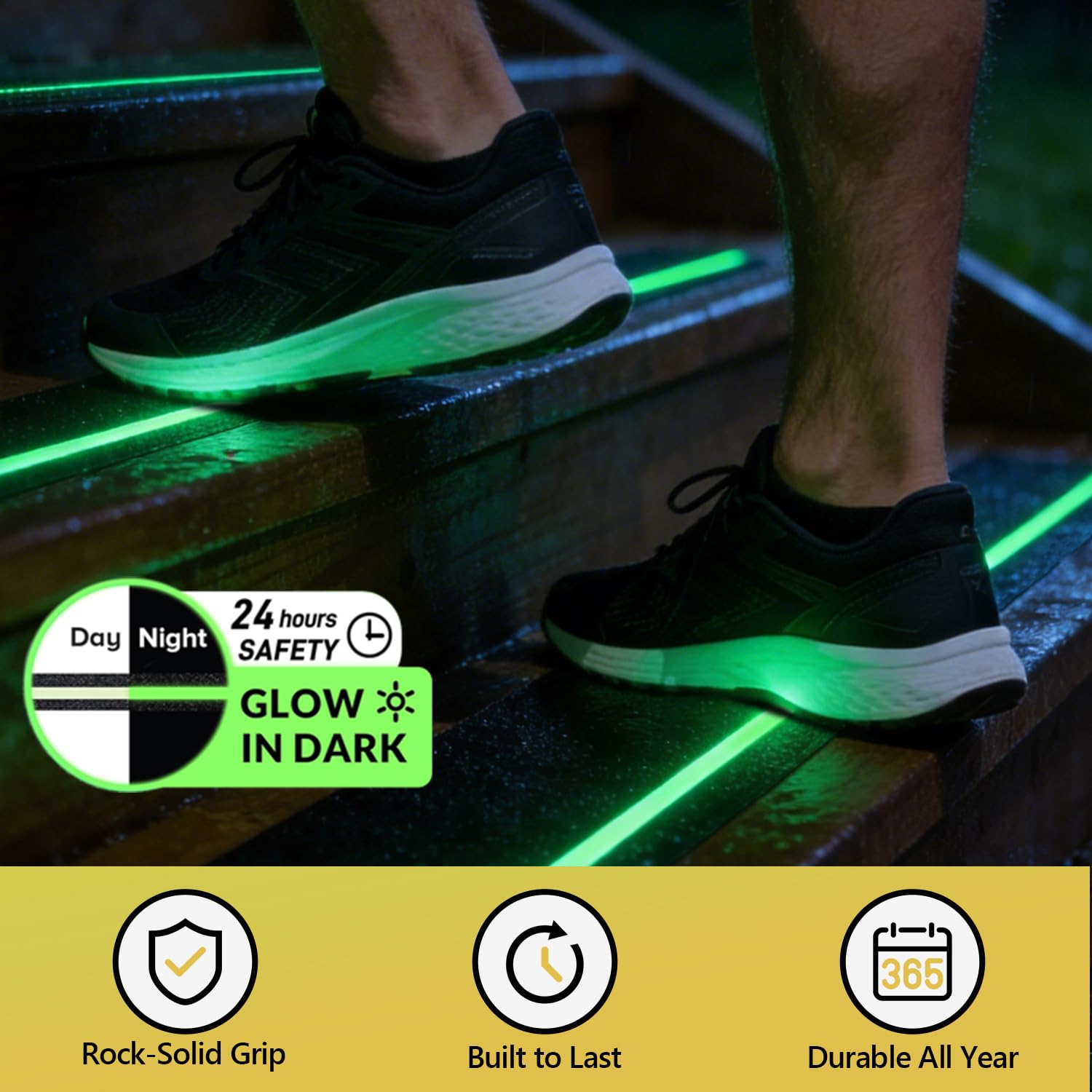 Peldaños antideslizantes para escaleras con rayas que brillan en la oscuridad (paquete de 10), cinta adhesiva abrasiva de alta fricción de alta tracción, impermeable, antideslizante, 6 x 28