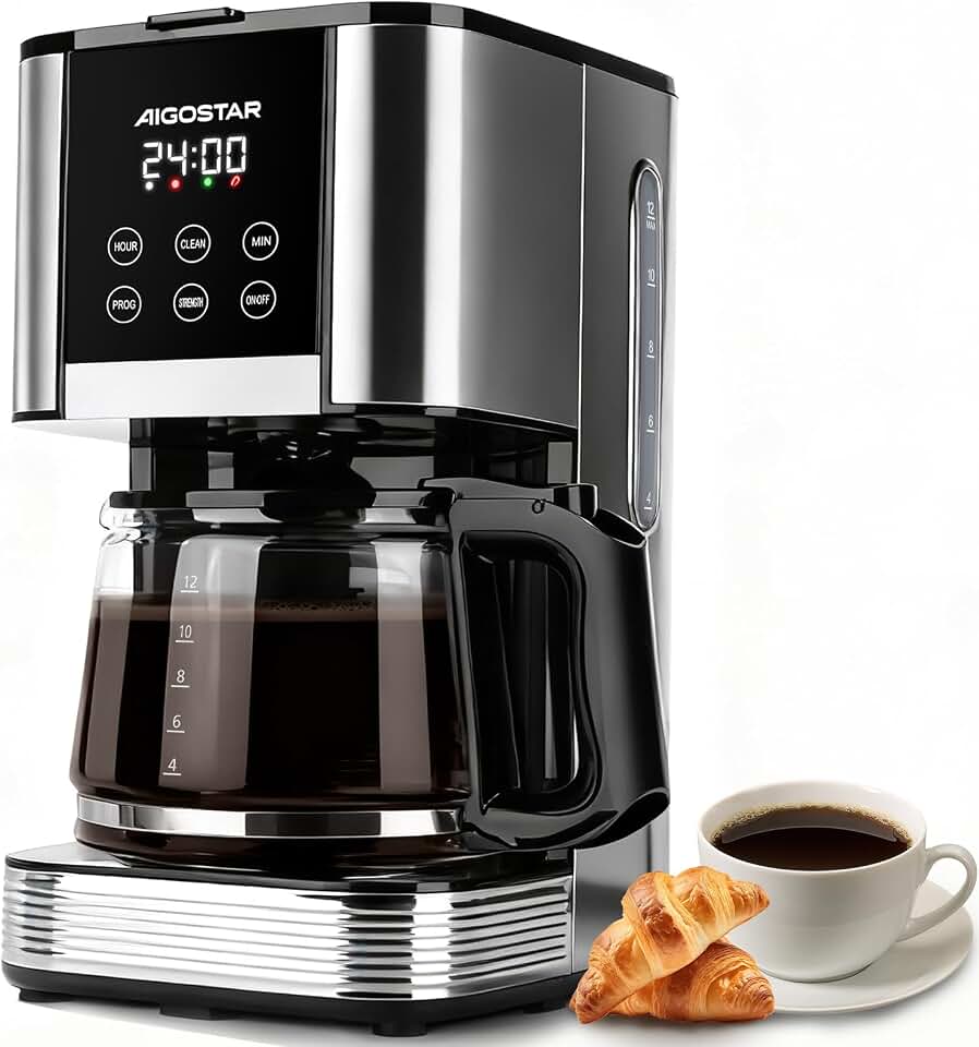 Aigostar Cafetera de Goteo Filtro Programable 24h 1,5L 12 Tazas Acero Inoxidable 1000W Pantalla LCD Ajuste de Intensidad Antigoteo Limpieza Automática Mantenimiento de Calor Negro-Cora
