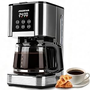 Aigostar Cora - Cafetera de goteo, Programable 24h, 1,5L, Pantalla LCD, Cafetera filtro 12 tazas, Acero inoxidable, 1000W, Ajuste de intensidad, Antigoteo, AutoLimpieza, Mantenimiento de calor, Negro