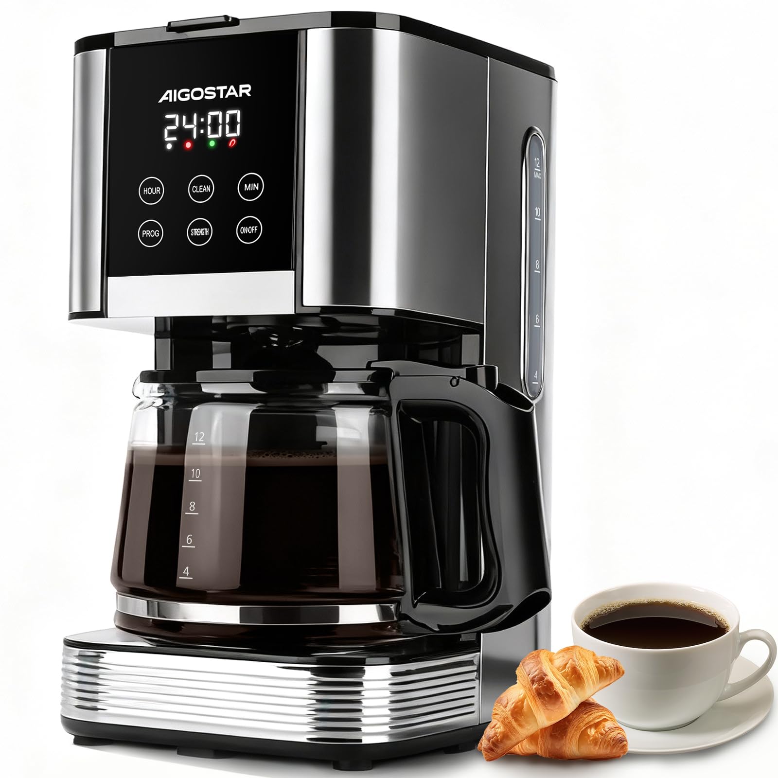 Aigostar Cora - Filterkaffeemaschine, Programmierbar 24h, 1,5L, LCD-Display, 12-Tassen Kaffeemaschine, Edelstahl, 1000W, Intensitätseinstellung, Tropf-Stopp, AutoClean, Warmhaltefunktion, Schwarz