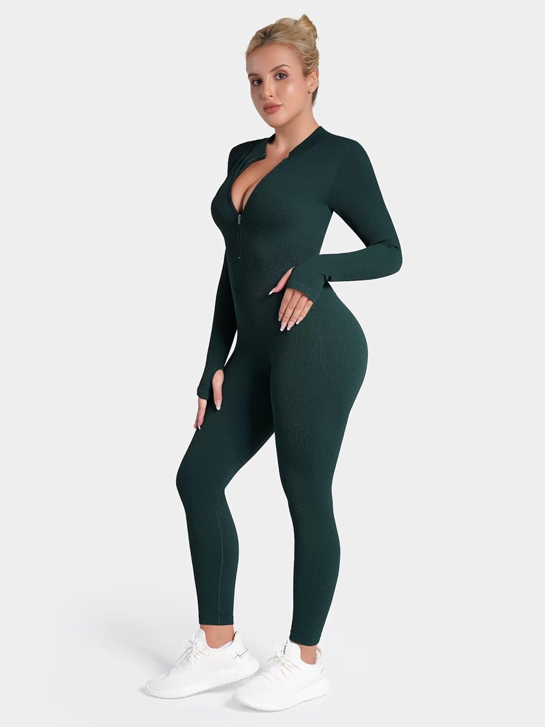 Sunzel Long Sleeve Jumpsuits for Women, Ribbed One Piece Casual Yoga Workout Zip Front Bodycon, Legging Fit & Thumbhole - Image 3