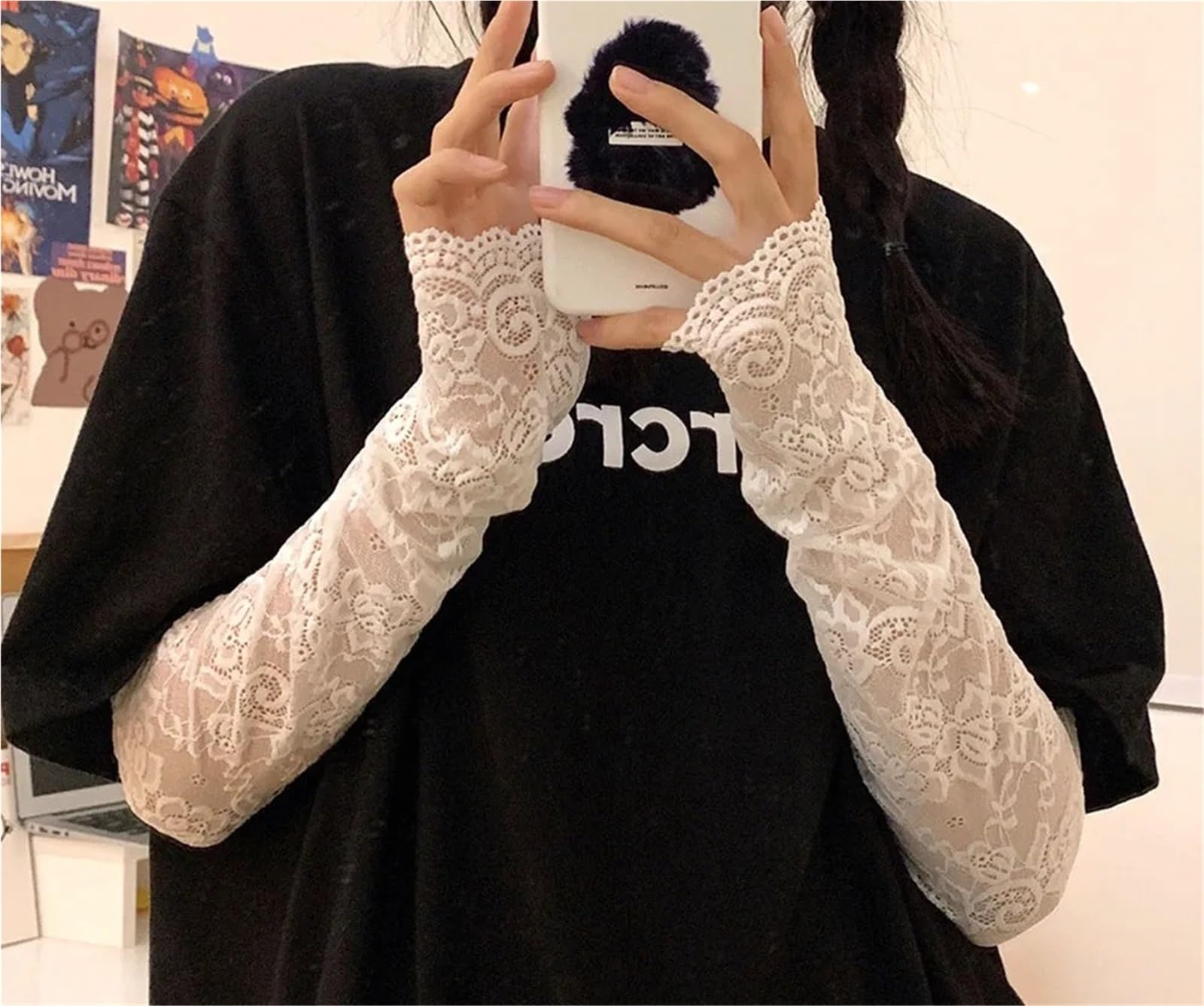 4 Pares de Guantes de conducción elásticos con Mangas de Encaje y Flores for Mujer, Elegantes, Largos, sin Dedos, Guantes de protección Solar para Boda, Graduación(Black)