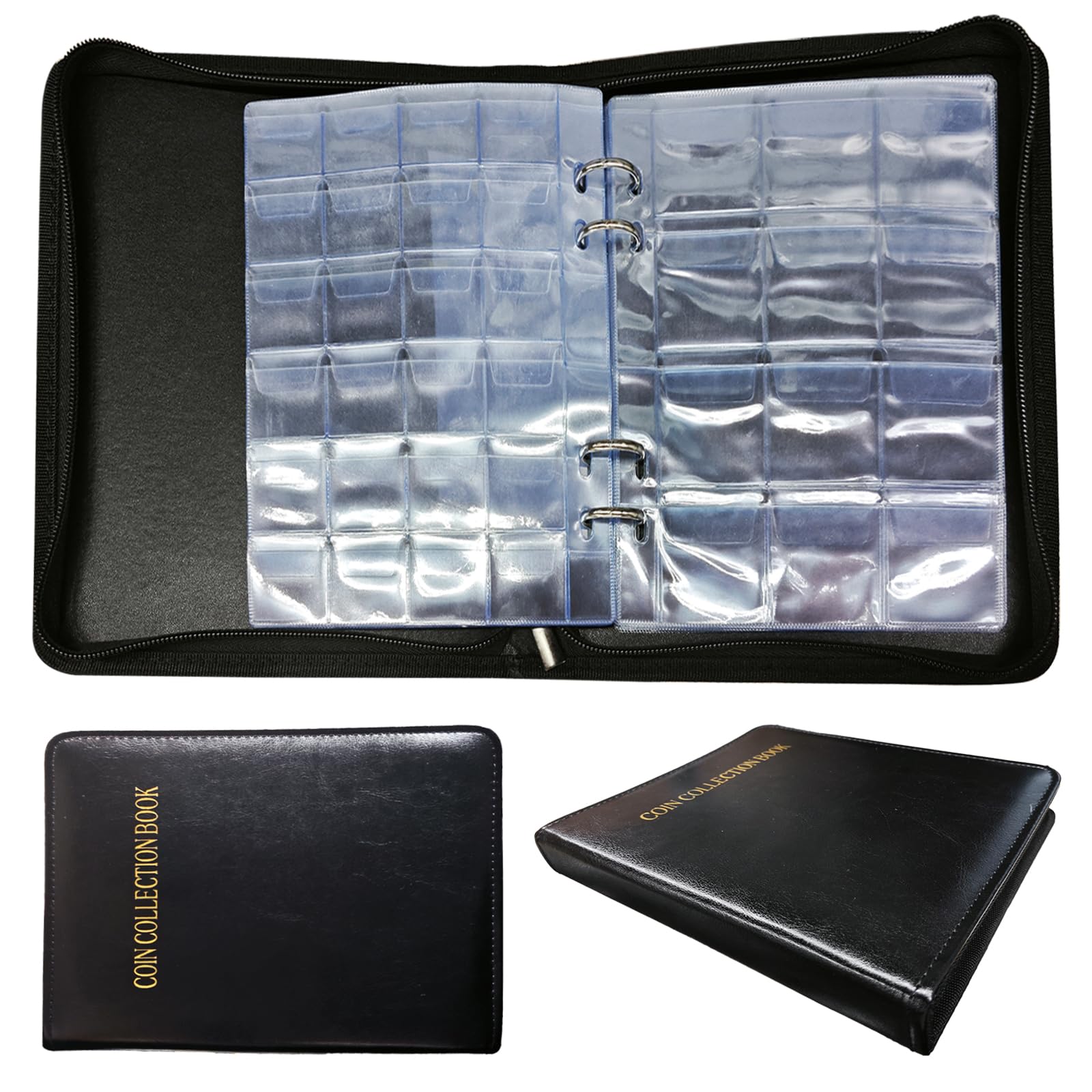Álbum de colección de monedas para coleccionista, 360 bolsillos con cremallera, 2 páginas de tamaño para monedas de 17/20/23/25/27/30 mm, adecuado para suministros de colección de monedas, centavos