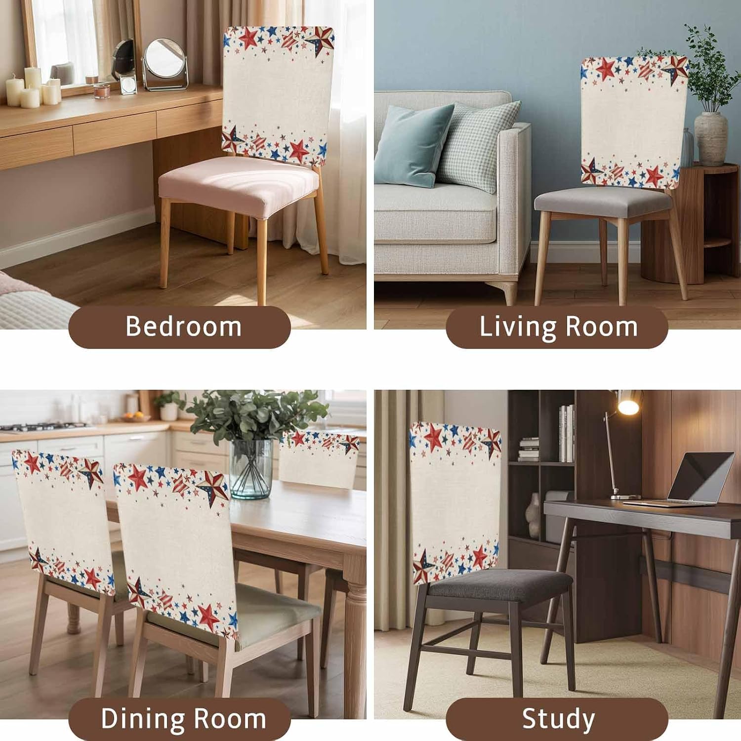 6Pack Dining Room Chair Back Covers 4th of July Red Blue Star Stretch Spandex Chair Cover Washable Slipcovers, Independence Day USA Flag Retro Linen Removable Furniture Protectors for Kitchen Party