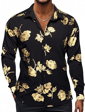 قميص Hi-Tie رجالي من Hipstar Luxrury مطبوع عليه زهور ثلاثية الأبعاد وأكمام طويلة وأزرار وحفلات وملهى ليلي
