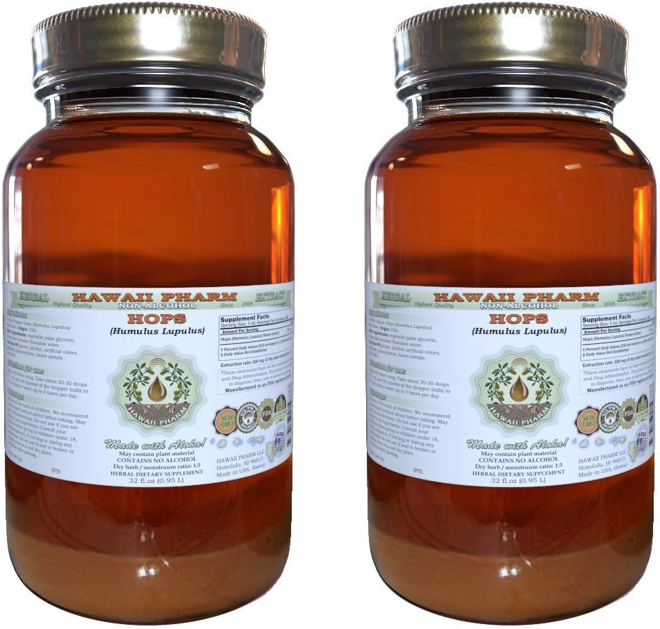 Hawaii Pharm Hops Alcohol-Free Liquid Extract, Hops (Humulus Lupulus) Dried Flower Glycerite Natural Herbal Supplement 2x4 oz