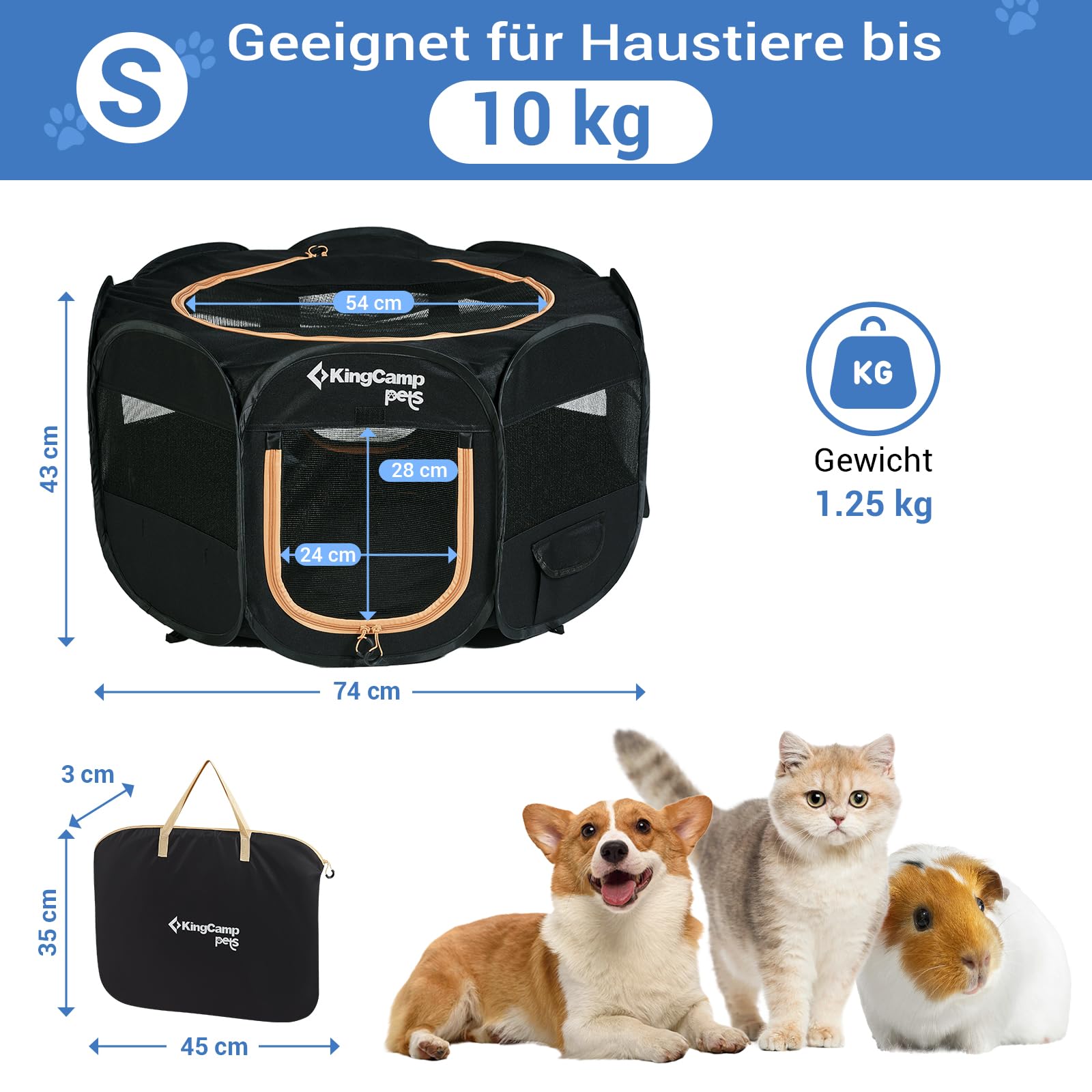 KingCamp Welpenlaufstall 74cm,Stabiler Hundelaufstall für Wohnung & Outdoor,Faltbar & Tragbar 600D Oxford Gewebe Welpenauslauf mit abnehmbarem Boden & 4 Heringen,Hundegehege für Welpen, Katzen