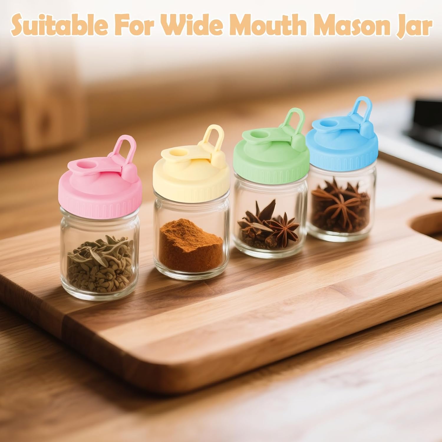 4 Pack Mason Jar Pour Spout Lid, Mason Jar Lid Wide Mouth for Pouring with Flip Spout, Colorful No Leak Flip Cap Top Pour Attachment Plastic Pouring Top Leak-Proof, Drinking Pitcher Covers, 2.75in