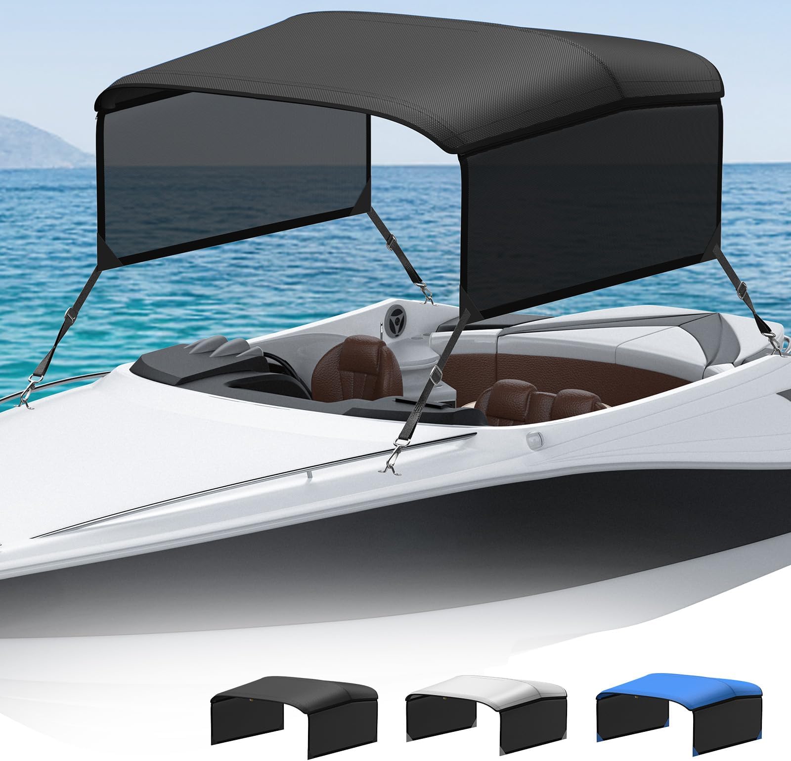 KAKIT 3 4 Bow Bimini Top Replacement Cover, 900D Oxford Bimini Tops for Boats with 2 Mesh Sidewalls, 2 Straps and Storage Boot Easy Install Zipper Closure, Replacement Boat Canopy Sun Shade No Frame