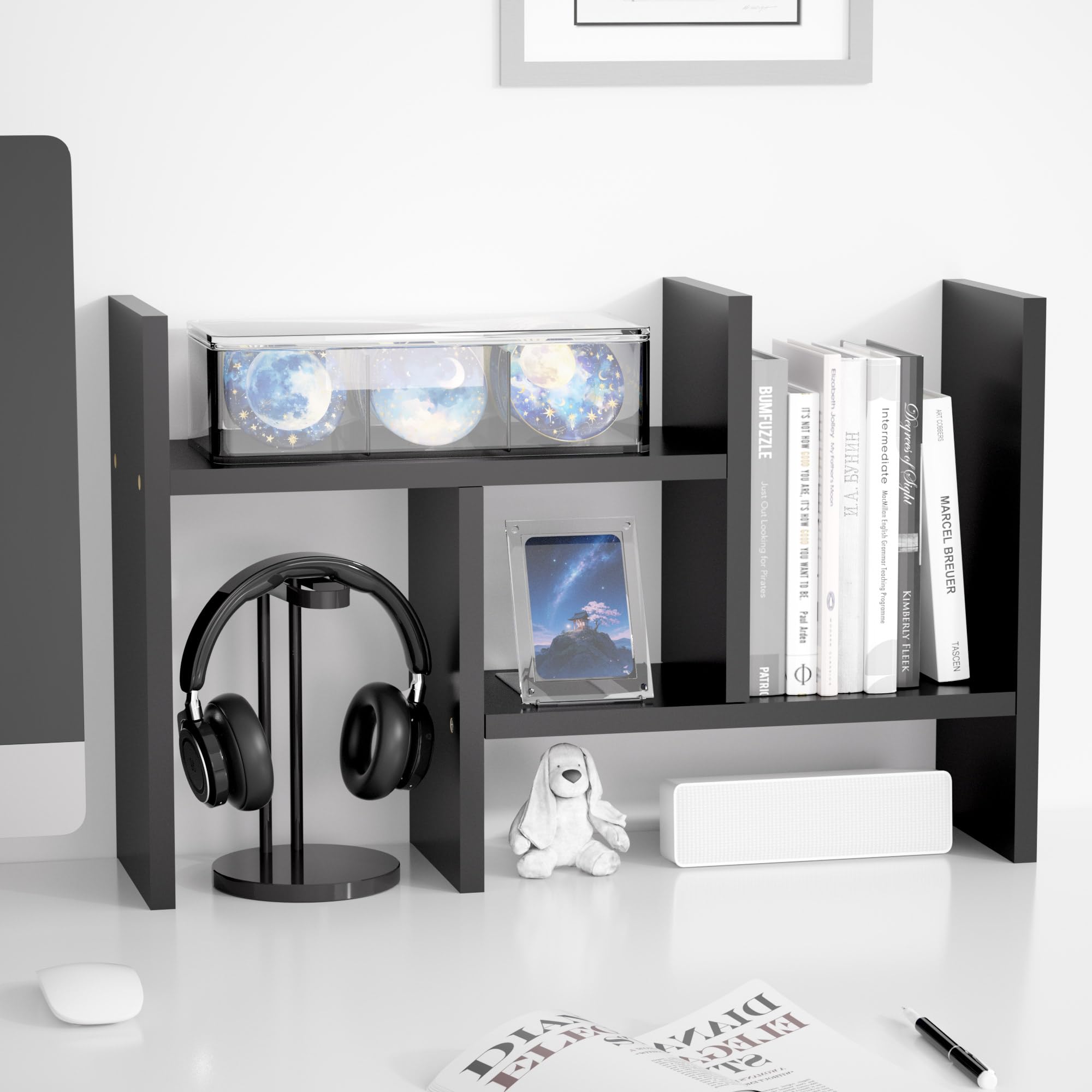 Jerry & Maggie Desktop Organizer Office Storage Rack Adjustable Wood Display Shelf Free Style Double H, Multi-Functional Mini Bookshelf for Desk