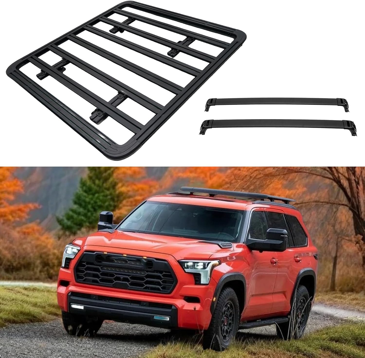 Roof Rack Cargo Basket & Roof Rack Cross Bars for Toyota Sequoia 2023 2024 2025 2026 Roof Luggage Carrier Kit Aluminum Black