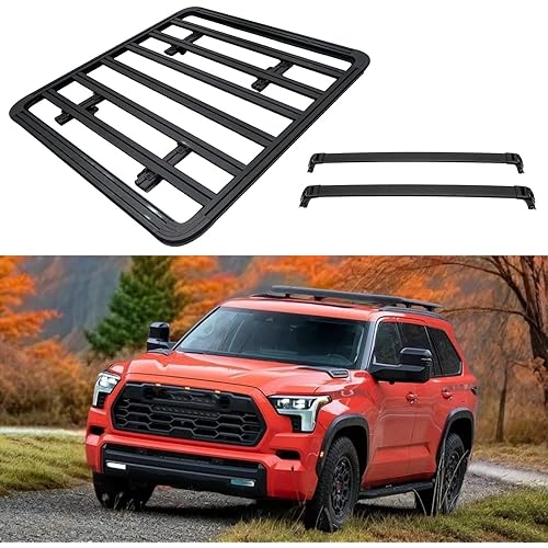 Roof Rack Cargo Basket & Roof Rack Cross Bars for Toyota Sequoia 2023 2024 2025 2026 Roof Luggage Carrier Kit Aluminum Black