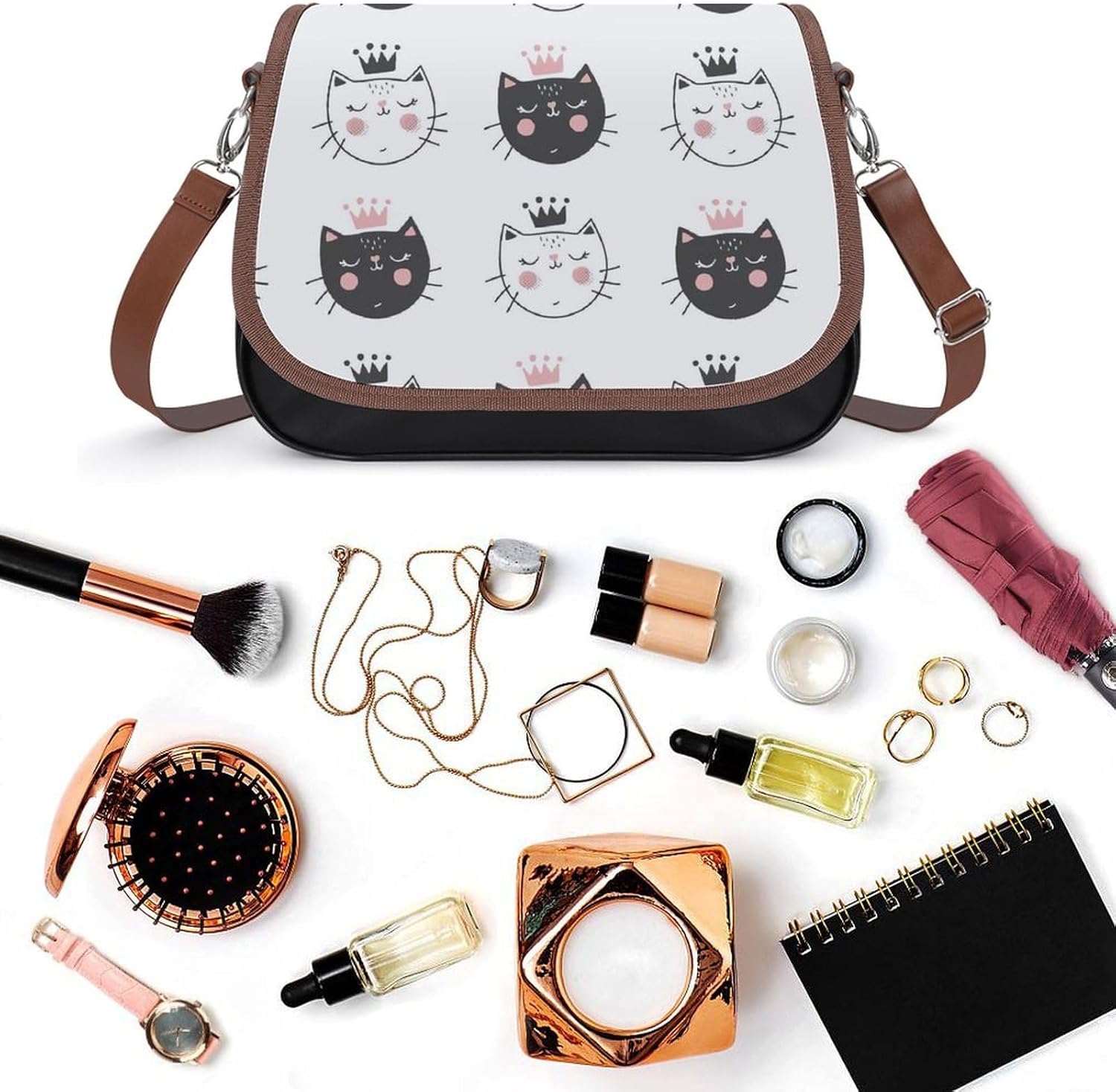 Adorable CatWomen's Faux Leather Crossbody Bag, Waterproof Wrinkle-Resistant Shoulder Bag with Detachable Strap, Large Capacity Casual Handbag, Fashion Daily Purse for Shopping Work Dating, Ideal Gift