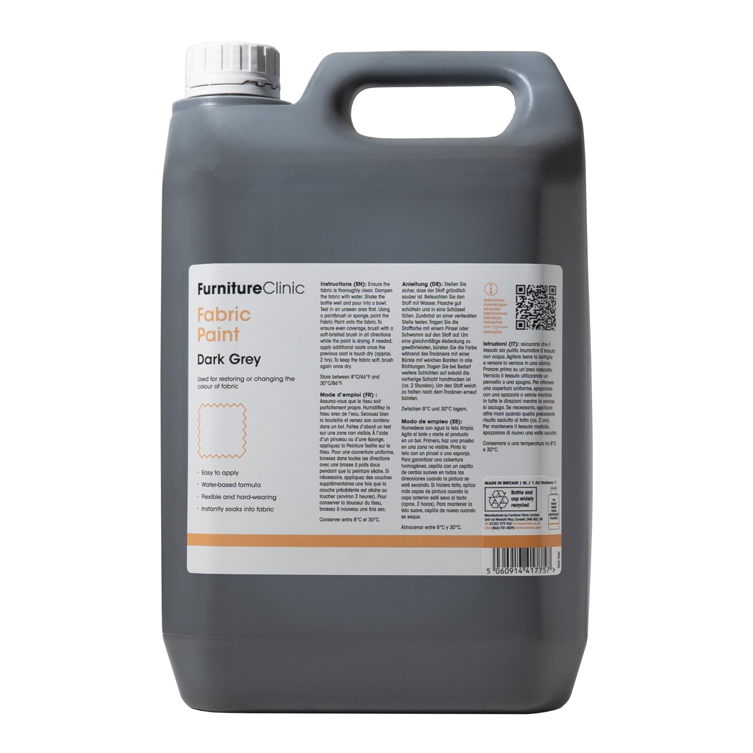 Furniture Clinic Dark Grey Fabric Paint - Use To Restore Or Change The Colour Of Upholstery, Soft Furnishings, Car Interiors - Easy To Use - Works On All Fabrics (, 5 Litre)