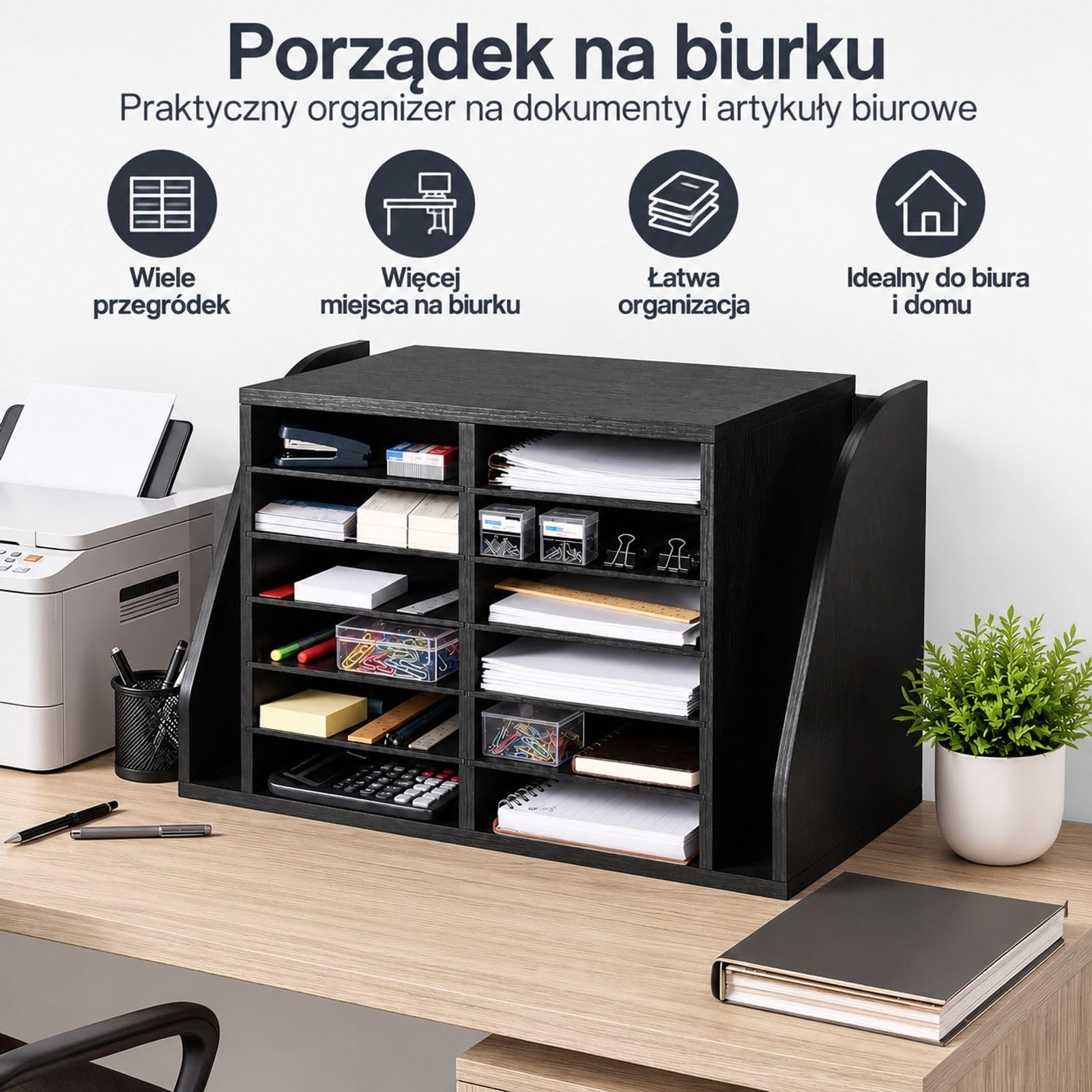Czarny organizer z płyty wiórowej na dokumenty, 12 przegródek i pionowa sekcja na teczki, do biura, klasy, akt, książek oraz papieru