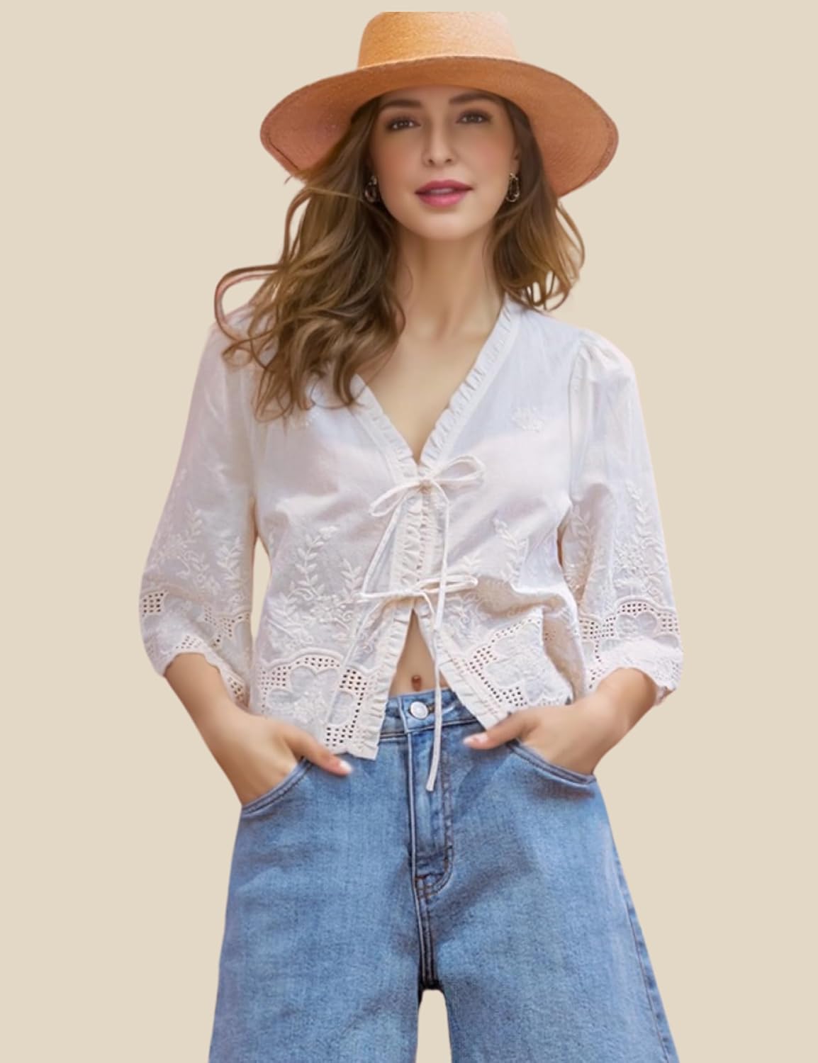 Esmeling Women’s Floral Embroidery Short Sleeves Shirt V Neck Summer Scallop Edge Bow Tie Front Blouse - Image 6