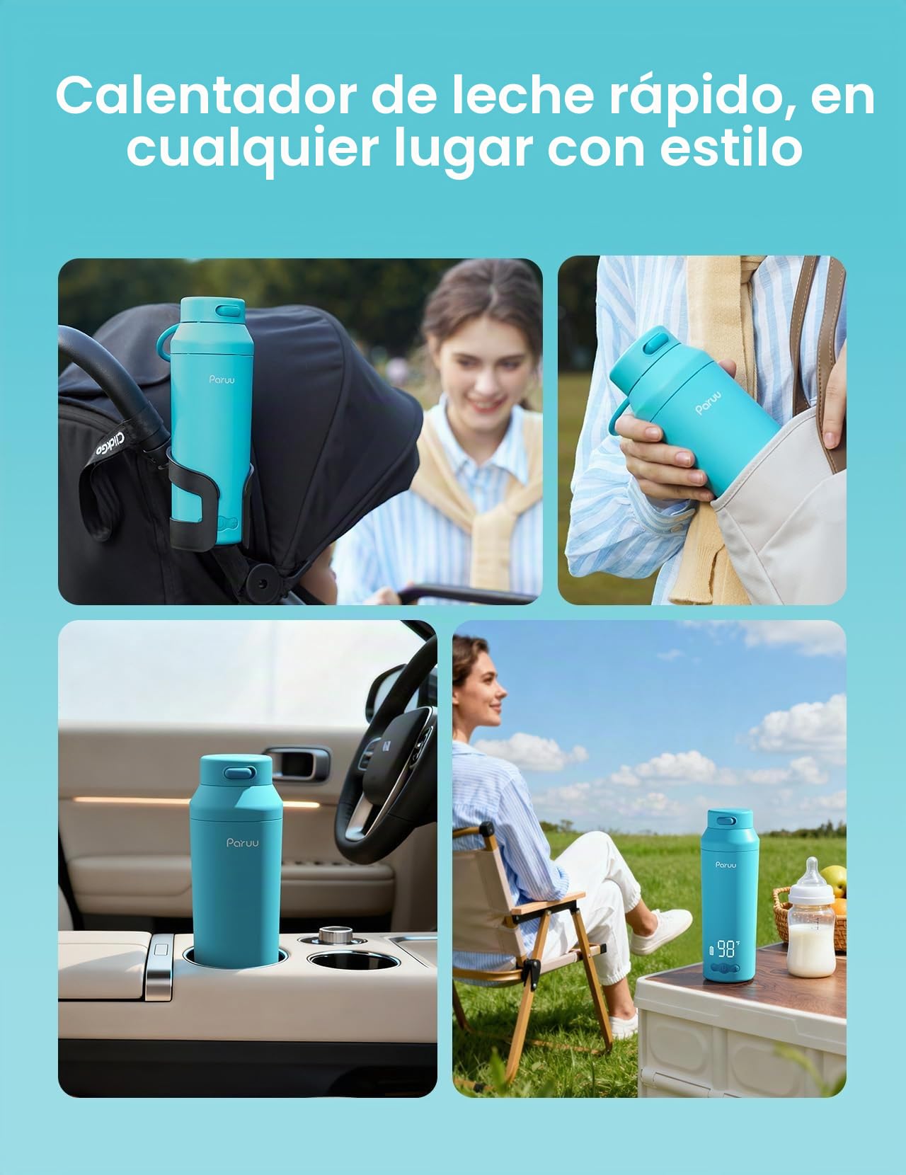 Paruu Calienta Biberones Portatil para Viaje, Calentamiento Rápido en 2 Minutos, Boca Ancha Fácil de Limpiar, 7 Niveles de Regulación de Temperatura, Carga Rápida 30W, Capacidad 350 ml, Azul