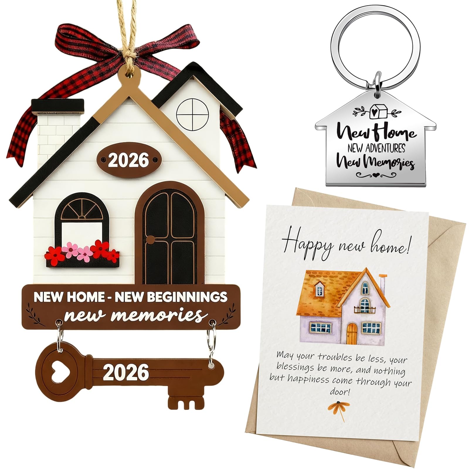 3 Pcs house warming gifts new home gifts Ornament 2026, Housewarming Gift Key Chain and Card, New Beginnings Keepsake, Xmas Tree Decor, Holiday Memories for First Home Family Colleague Friends Teacher
