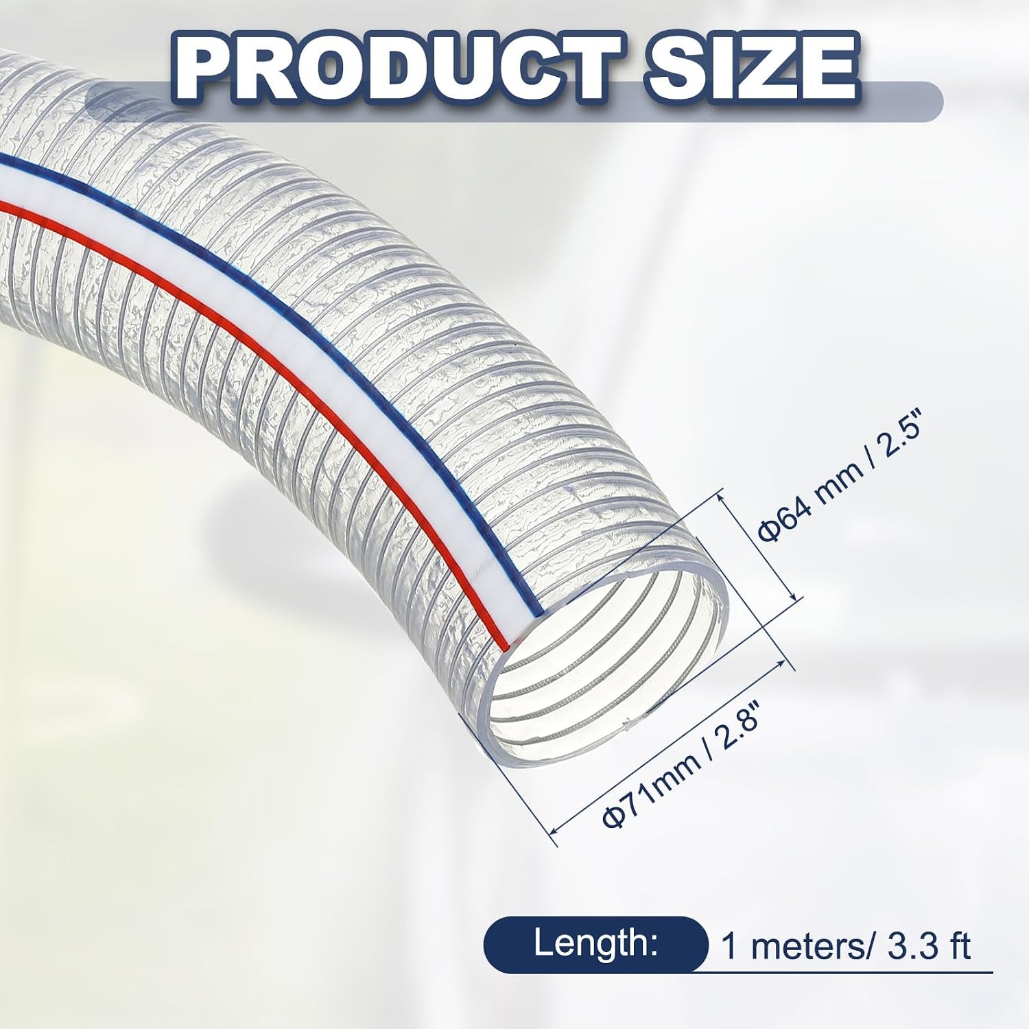 PATIKIL 2-1/2" ID Wire Reinforced Hose 3.3 Ft, PVC Vinyl Suction Tubing High Pressure Chemical Resistant with Spiral Steel Wire for Water Fuel Powder Drain, Clear