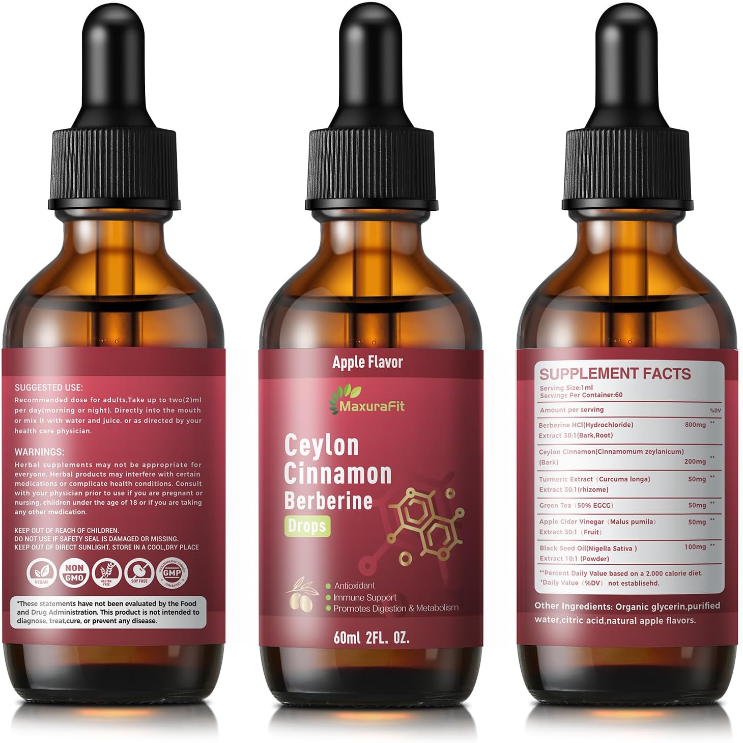 2 Pack Ceylon Cinnamon Berberine Bitter Liquid Drops Supplement with Turmeric,Green Tea,Apple Cider Vinegar,Black Seed Oil for Immune System & Digestive System Supports 4 FL OZ image 8 of 8 B0F1CVQYN6