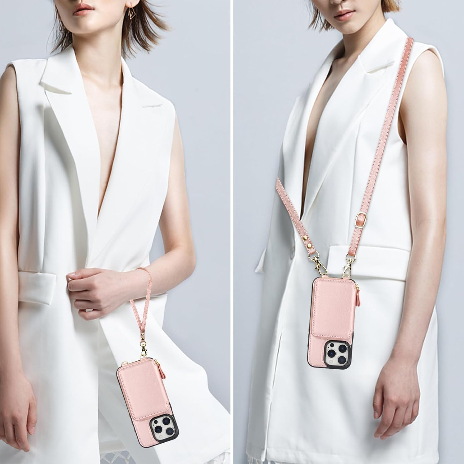 Bocasal RFID Blocking Wallet Case for iPhone 16 Pro, Adjustable Crossbody Zipper Purse Case Card Holder with Kickstand Detachable Wrist Strap, PU Leather Flip Folio Case 6.3 Inch 5G (Rose Gold)