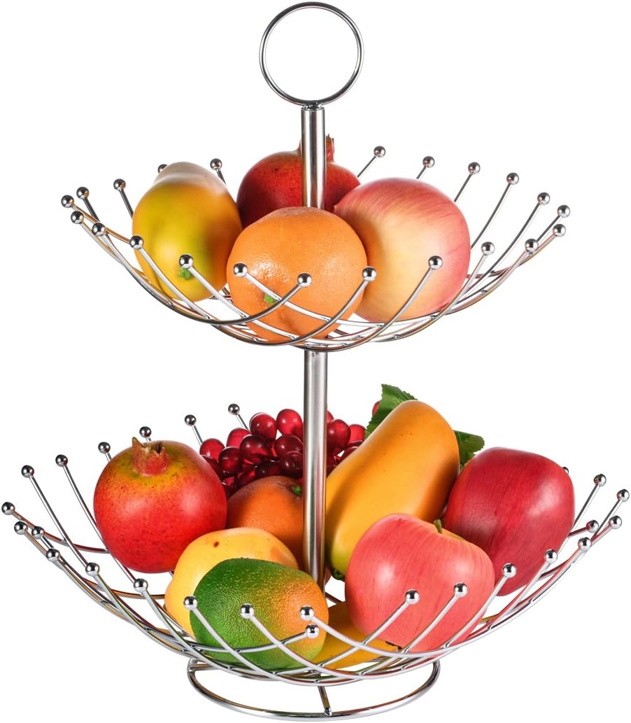 SHMEIQI 2-Tier Countertop Fruit Basket Holder & Bowl Stand - Display Tray for Fruit, Vegetables, Snacks, Bread - Silver