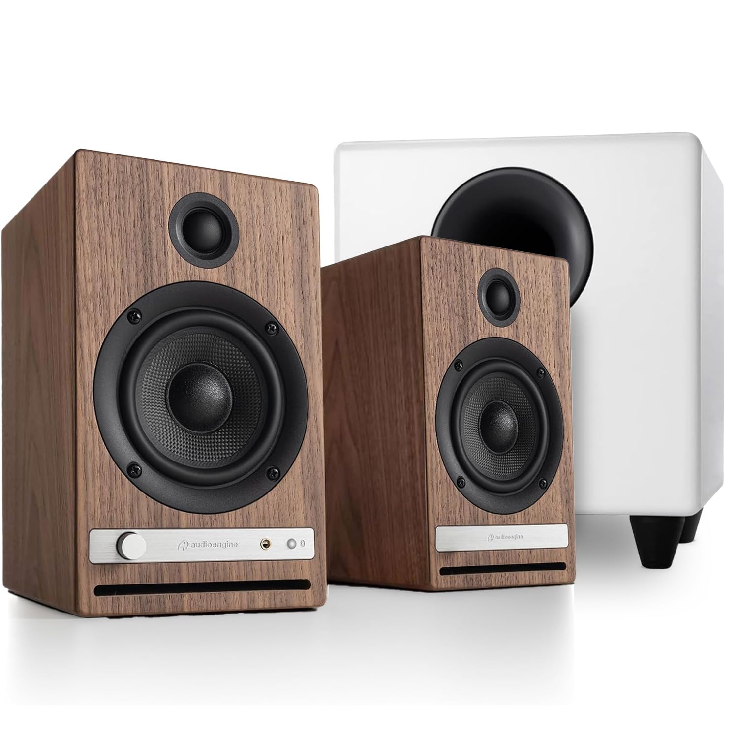 Audioengine HD4 Walnut Wireless Bluetooth Speakers and S8 White Subwoofer Bundle