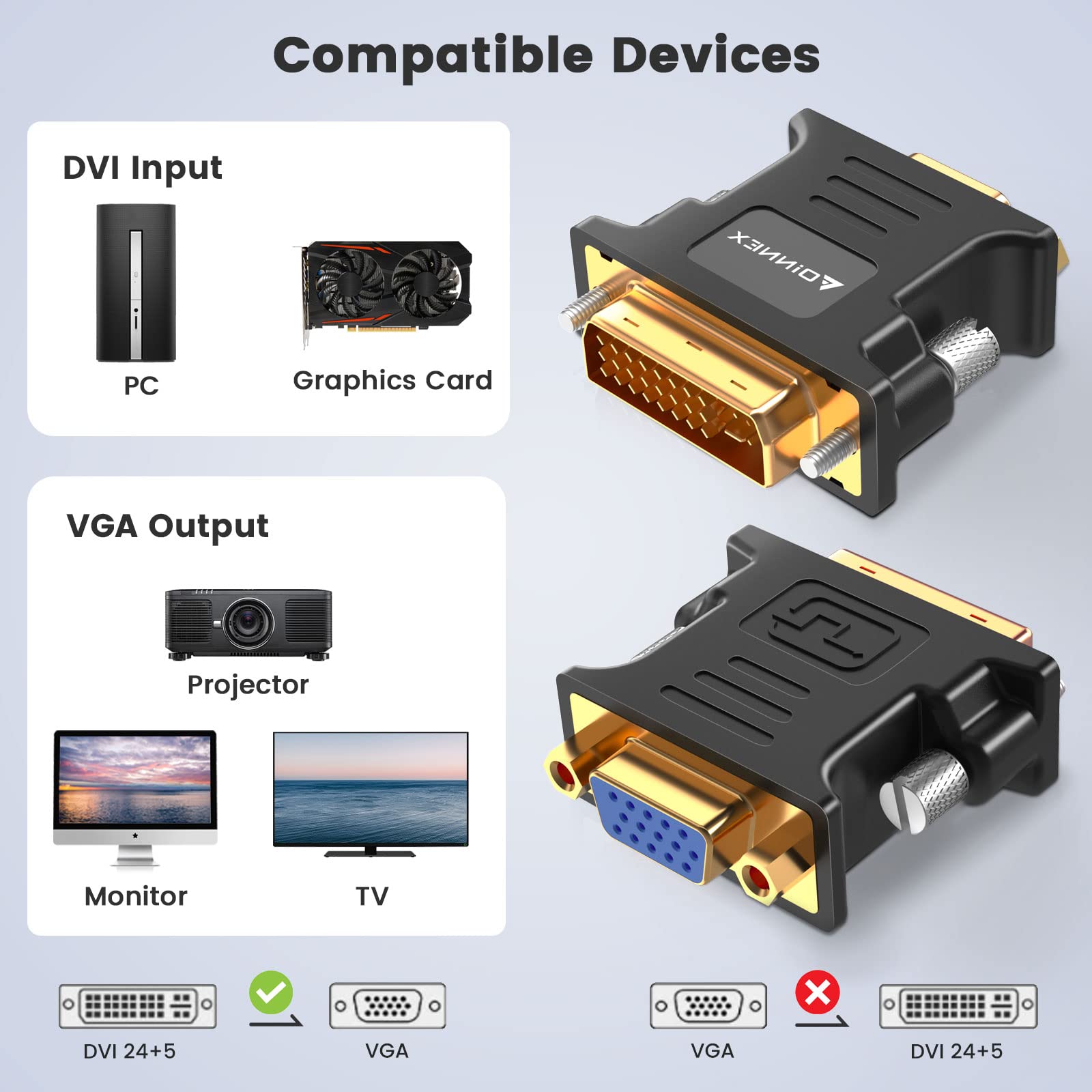 FOINNEX Adattatore DVI a VGA, Convertitore Full HD 1080P per PC, Schede Grafiche, Giochi, Laptop, Netbook, Vecchi Monitor e Proiettori
