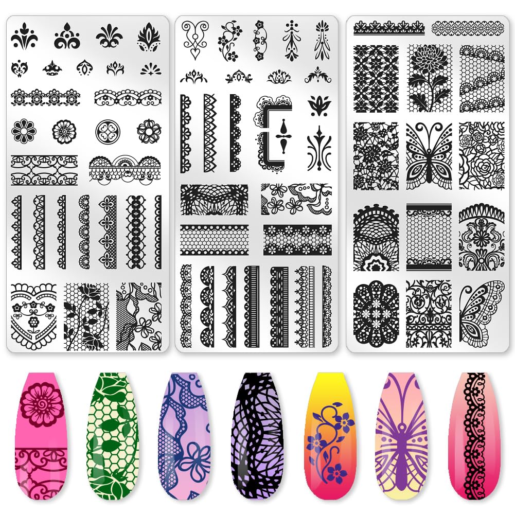 beinkmake 3Pcs Lace Trim Butterfly Nail Stamping Plate Set Butterfly Wings Rose Stainless Steel Nail Stamp Templates Clear Silicone Nails Stamping with Stamper Scraper for Manicure Printing