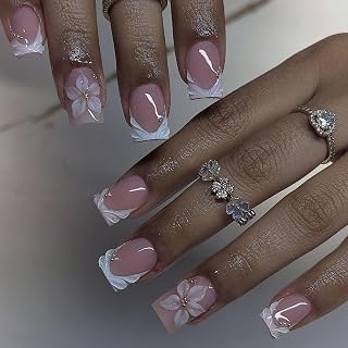 White French Tip Press On Nails Short Square, Relief Fake Nails with 3D Flower & Golden Bead, Reusable Acrylic Stick On Na...