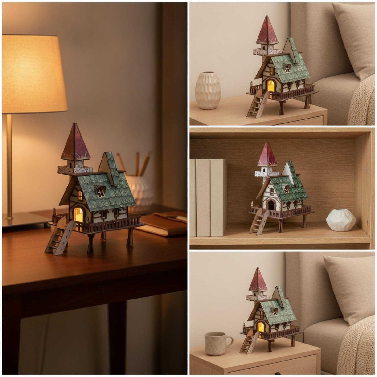 Maqueta 3D Casa Hadas Tallado con Torreta y Chimenea Creativo Adorno para Dormitorio