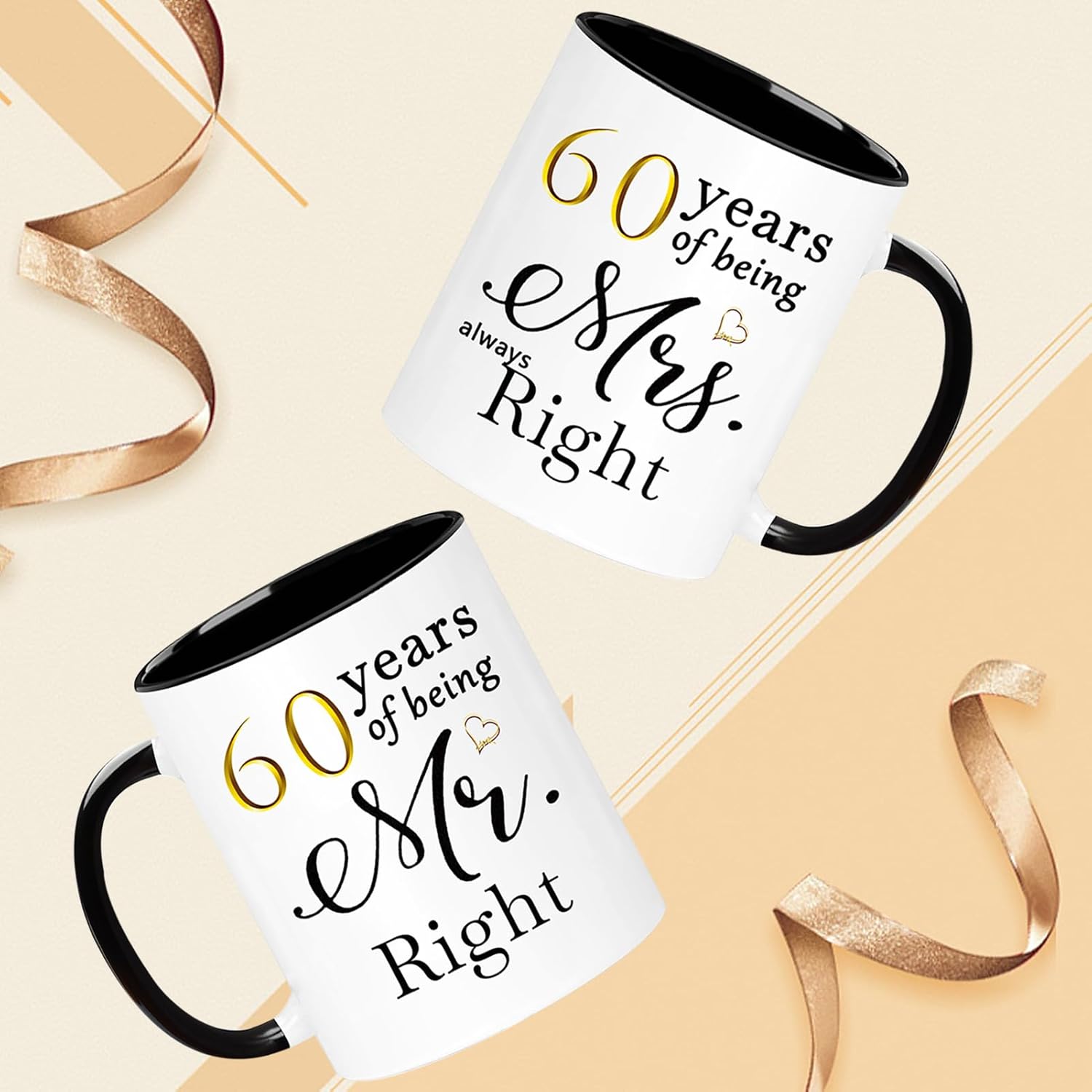 WOSIWULA 60 Year Anniversary Birthday Coffee Mugs Set of 2, 60th Wedding Anniversary Decorations Gifts for Couple Grandparents Parents Women Men Wife Husband Her Him, 60th Birthday Gifts, 11oz - Image 2