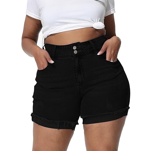 Womens Plus Size Jean Shorts High Waisted Stretchy Ripped Frayed Folded Hem Denim Shorts
