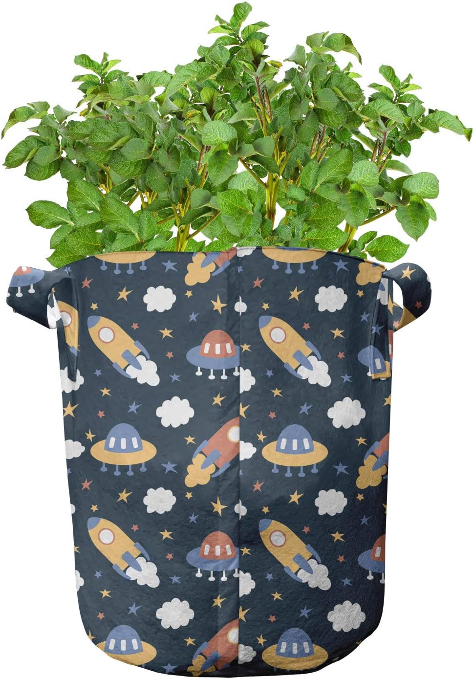 Lunarable Space Grow Bags 5-Pack, Cartoon Astro Ships, Heavyduty Fabric Pots with Handles for Plants, Multicolor