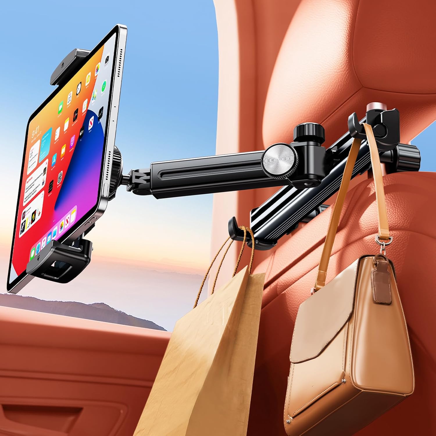Extension Arm Tablet Holder for Car Headrest, Adjustable iPad Holder for Car Backseat Rear Facing for Kids Baby, Car Mount Fit for 4.7"-13" Cell Phone iPad mini Air Pro 12.9 Switch Fire, Black