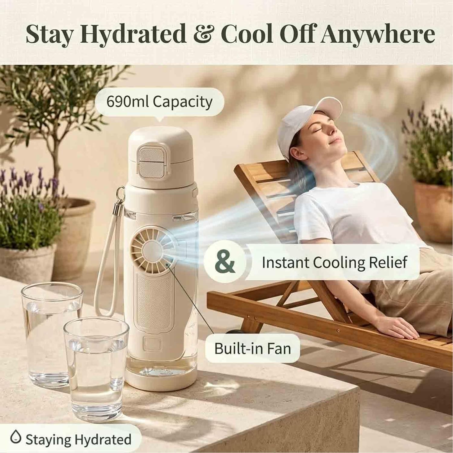 2-in-1-Wasserflasche mit eingebautem, faltbarem Ventilator, 690 ml, tragbare Dual-Trinkflasche, mit 3-Gang-Ventilator, für Reisen, Fitnessstudio, Wandern und Outdoor