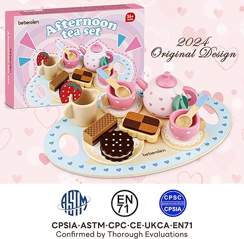 Miniatura 9 de Juego de té de madera para niñas pequeñas, regalo de cumpleaños, juguetes de princesa de 3 a 4 años, juegos de comida para niños, accesorios de