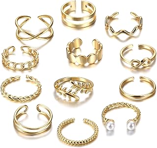 12 Pcs Adjustable Knuckle Rings for Women 14K Gold Plated Stacking Rings Pack Wave Star Moon Dainty Thumb Open Rings Set