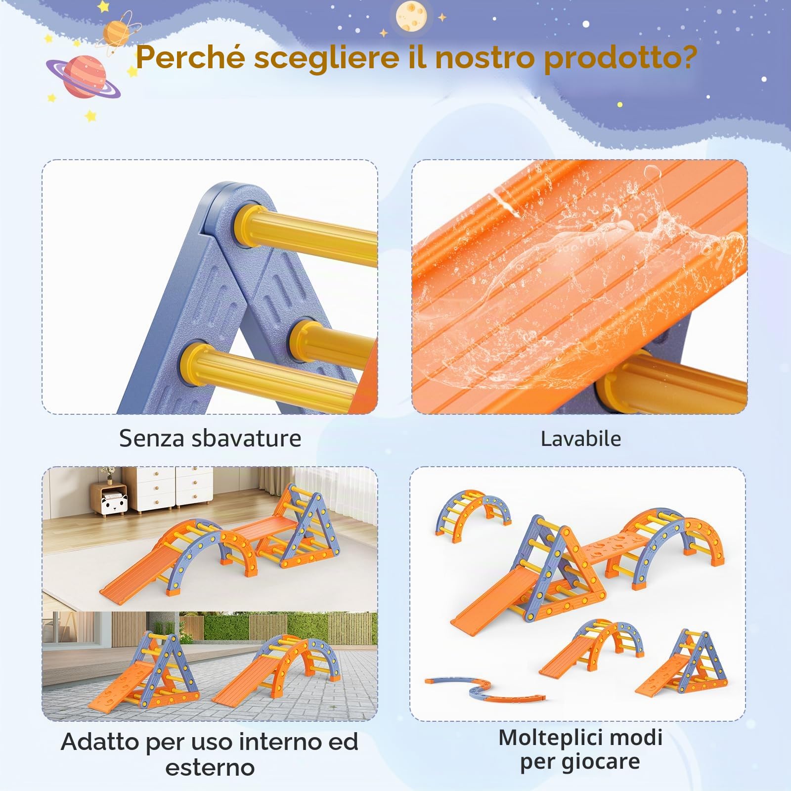 Struttura per arrampicata per bambinii, scaletta da arrampicata treppiede in plastica per bambini, set di gioco Montessori per intern (treppiede e arco e scala e scivolo)